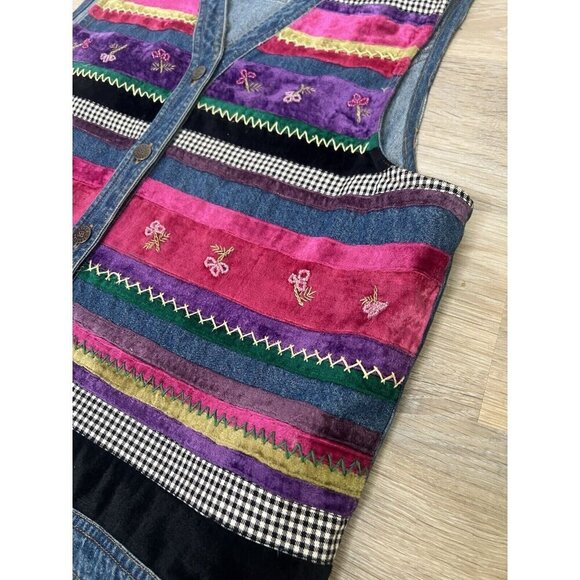 Vtg 90's Y2K Susan Bristol Denim Button Down Colorful Artsy Floral Vest Indie XL - Picture 7 of 9